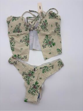 Floral Smocked Two-Piece Bikini Set - Cream & Green NWT